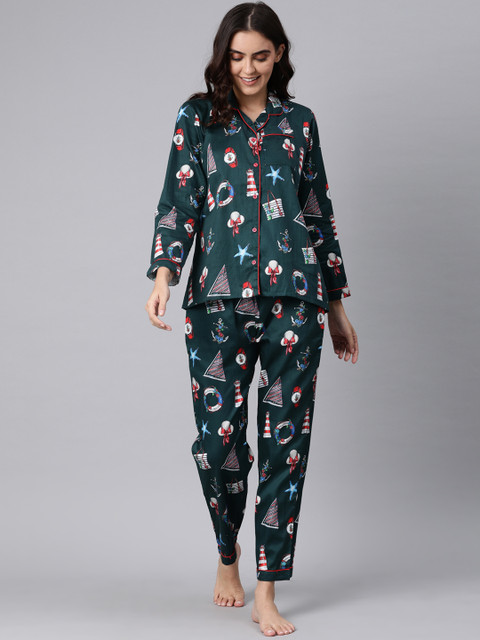 

Pyjama Party Women Teal Green & Red Printed Night suit