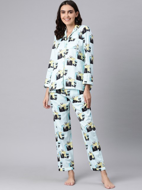 

Pyjama Party Women Blue & Yellow Printed Night suit