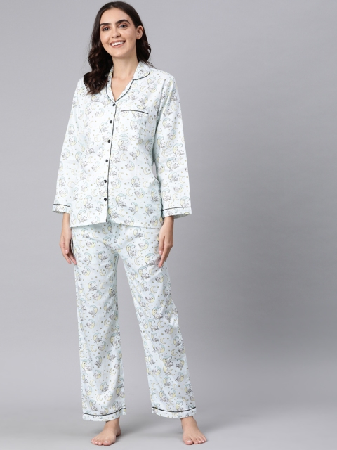 

Pyjama Party Women Sea Green & Charcoal Printed Night suit