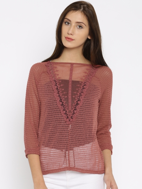 

ONLY Women Brick Red Marsala Sheer Lace Top