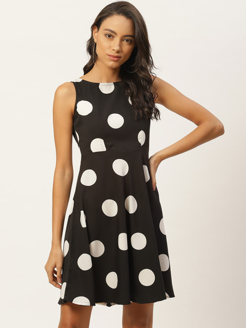 

Raano Women Black & White Polka Dots Print Fit & Flare Dress