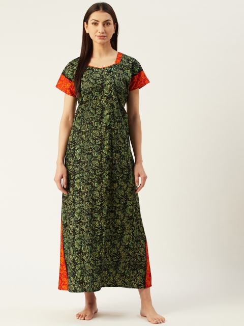 

Klamotten Black & Green Ethnic Motif Print Maxi Nightdress
