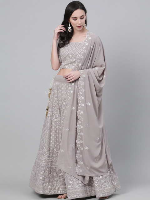 

SHUBHKALA Taupe & White Embroidered Semi-Stitched Lehenga & Unstitched Blouse with Dupatta
