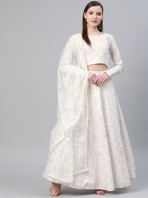 

SHUBHKALA White & Golden Foil Print Semi-Stitched Lehenga & Unstitched Blouse with Dupatta
