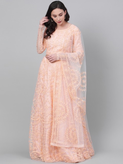 

SHUBHKALA Peach& Golden Embroidered Semi-Stitched Lehenga & Unstitched Blouse with Dupatta