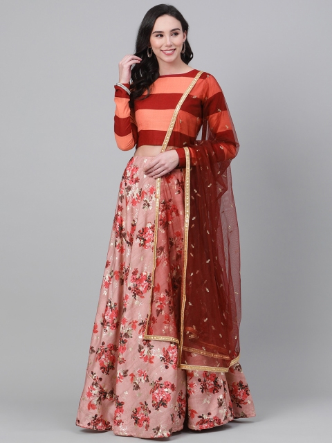 

SHUBHKALA Women Pink & Burgundy Foil Print Semi-Stitched Lehenga Choli