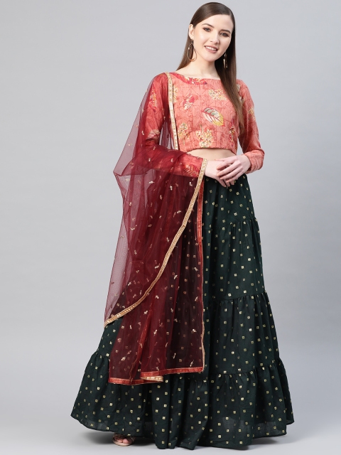 

SHUBHKALA Green & Peach-Coloured Printed Semi-Stitched Lehenga & Unstitched Blouse with Dupatta
