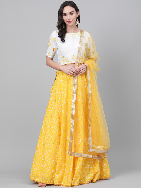 

SHUBHKALA Yellow & White Embroidered Semi-Stitched Lehenga & Unstitched Blouse with Dupatta
