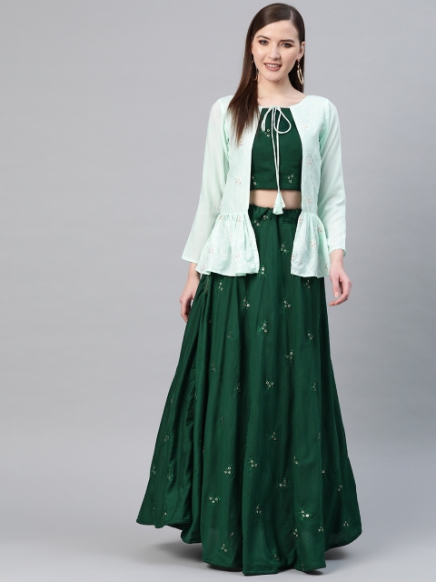 

SHUBHKALA Green Semi-Stitched Lehenga & Unstitched Blouse with Ethnic Jacket