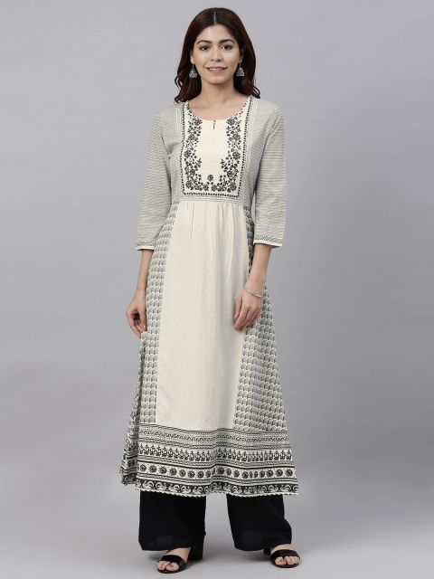 

ETIQUETTE Women Off-White & Black Printed A-Line Kurta