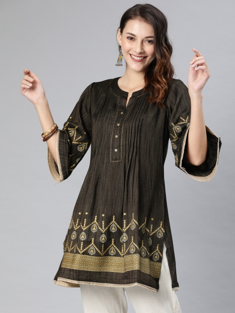 

ETIQUETTE Women Black Foil Print Pleated A-Line Kurti