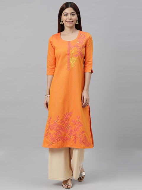 

ETIQUETTE Women Orange Embroidered Straight Kurta