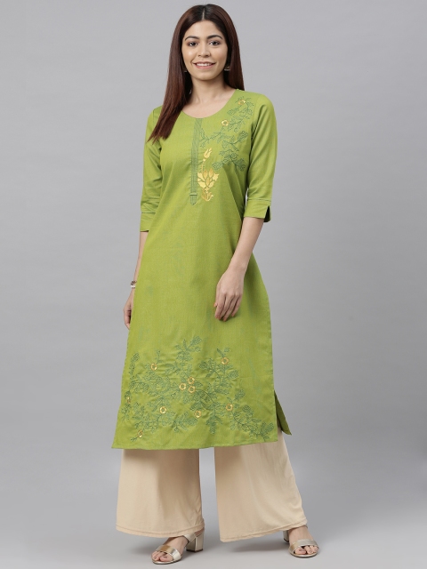 

ETIQUETTE Women Green Embroidered Straight Kurta