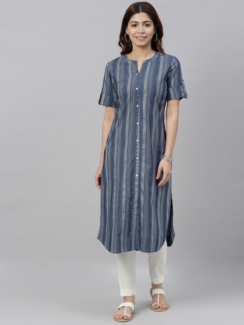 

ETIQUETTE Women Navy Blue Striped Straight Kurta