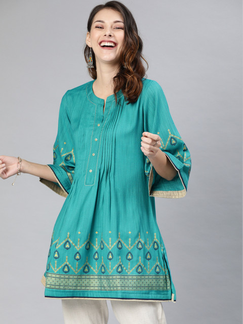 

ETIQUETTE Women Green Foil Print Pleated Pure Cotton A-Line Kurti