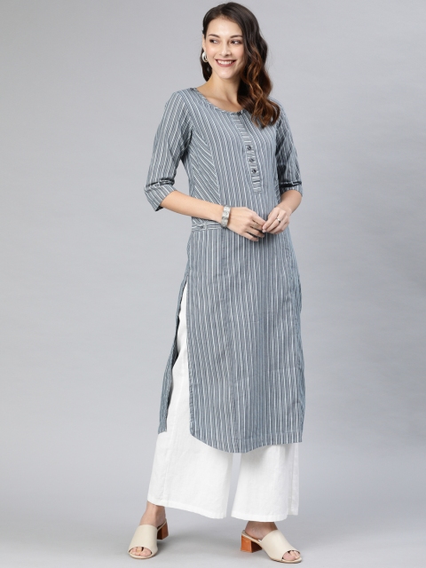 

ETIQUETTE Women Blue Striped Indigo Denim Straight Kurta
