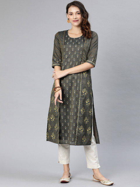 

ETIQUETTE Women Charcoal Grey Foli Print Cotton A-Line Kurta
