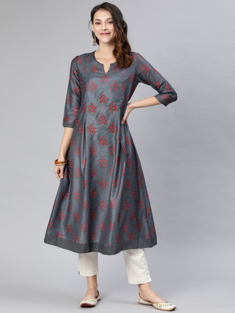 

ETIQUETTE Women Grey Printed Cotton A-Line Kurta