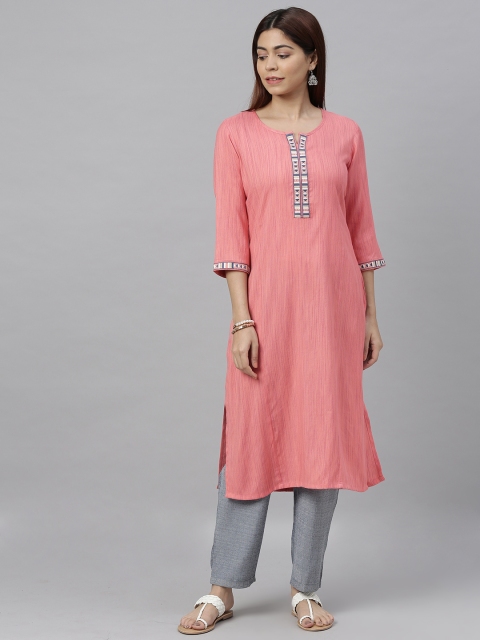 

ETIQUETTE Women Pink Solid Straight Kurta with Embroidered Detail