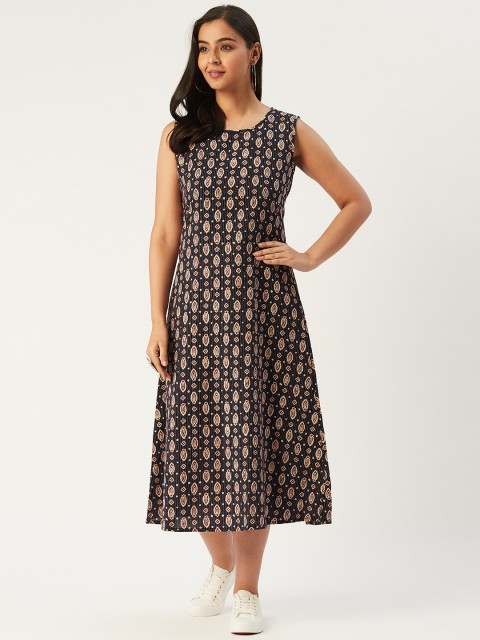 

Molcha Women Navy Blue & Off-White Ajrakh Print A-Line Dress