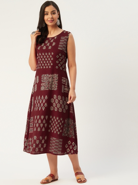 

Molcha Women Maroon & Off-White Ajrakh Print A-Line Dress