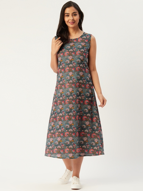 

Molcha Women Teal Blue & Pink Sanganeri Print A-Line Dress