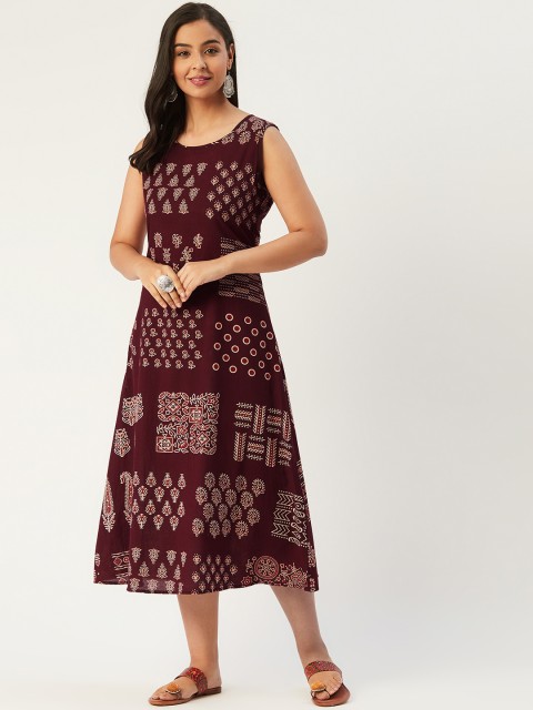 

Molcha Women Burgundy & Off-White Ajrakh Print A-Line Dress