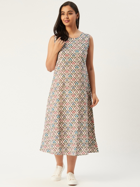 

Molcha Women Off-White & Charcoal Grey Sanganeri Print Midi A-Line Dress