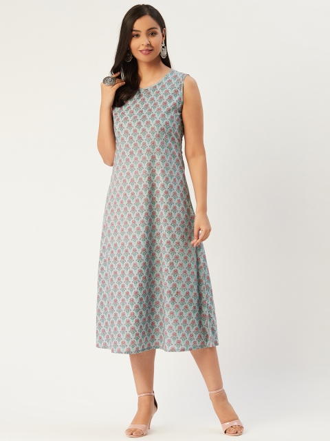 

Molcha Women Blue & Pink Sanganeri Print Midi A-Line Dress