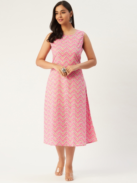 

Molcha Women Pink & Off-White Sanganeri Print A-Line Dress