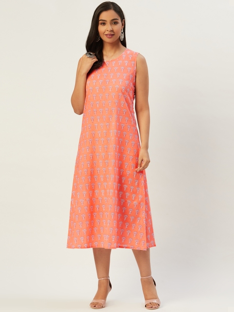 

Molcha Women Peach-Coloured & Off-White Sanganeri Print A-Line Dress