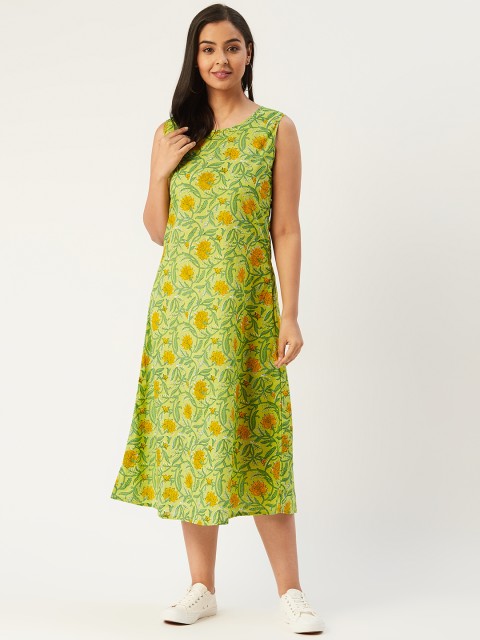 

Molcha Women Green & Mustard Yellow Sanganeri Print Midi A-Line Dress
