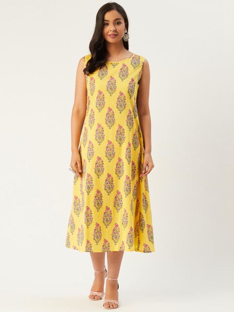 

Molcha Women Yellow & Pink Sanganeri Print Midi A-Line Dress