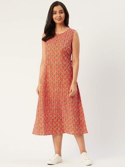 

Molcha Women Peach-Coloured & Green Sanganeri Print Midi A-Line Dress