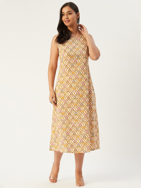 

Molcha Women Beige & Mustard Yellow Sanganeri Print A-Line Dress