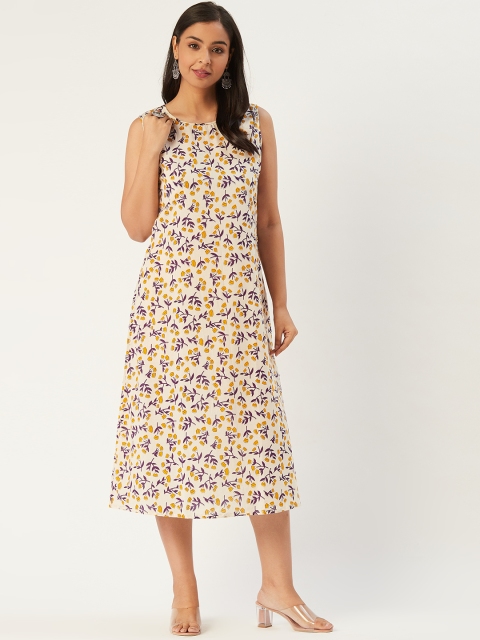 

Molcha Women Off-White & Mustard Yellow Sanganeri Print Midi A-Line Dress