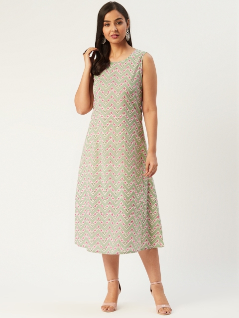 

Molcha Women Green & White Chevron & Floral Print Midi A-Line Dress
