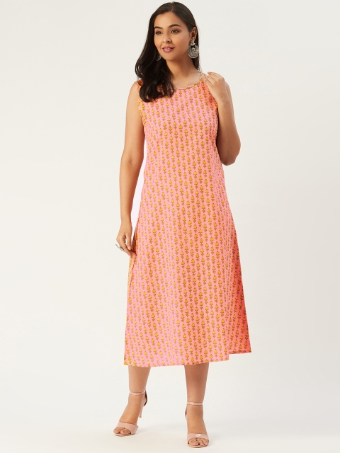 

Molcha Women Pink & Yellow Sanganeri Print Midi A-Line Dress, Peach