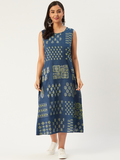 

Molcha Women Blue & Green Ajrakh Print A-Line Dress