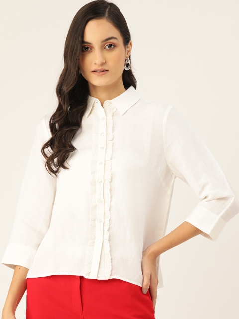 

COVER STORY Women White Linen Ruffled Regular Fit Solid Casual Shirt