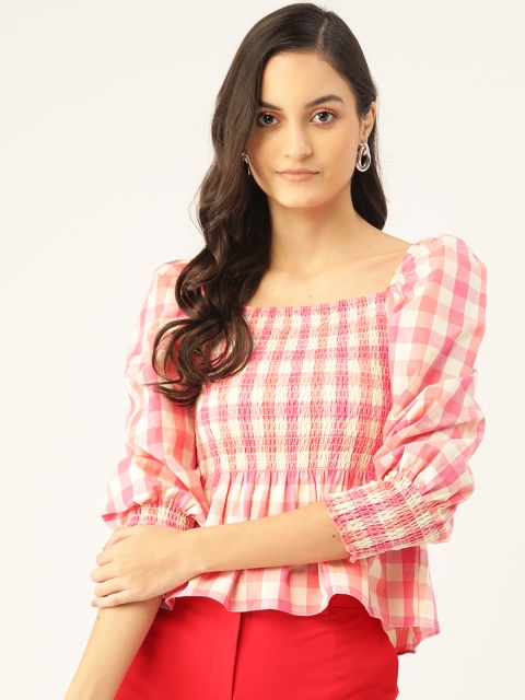 

COVER STORY Women Pink & Off-White Checked Cinched Waist Top