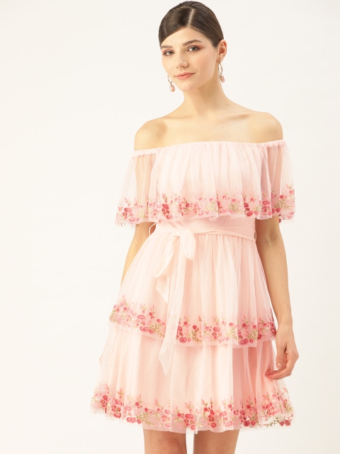 

COVER STORY Women Pink Embroidered Net Layered Fit & Flare Dress