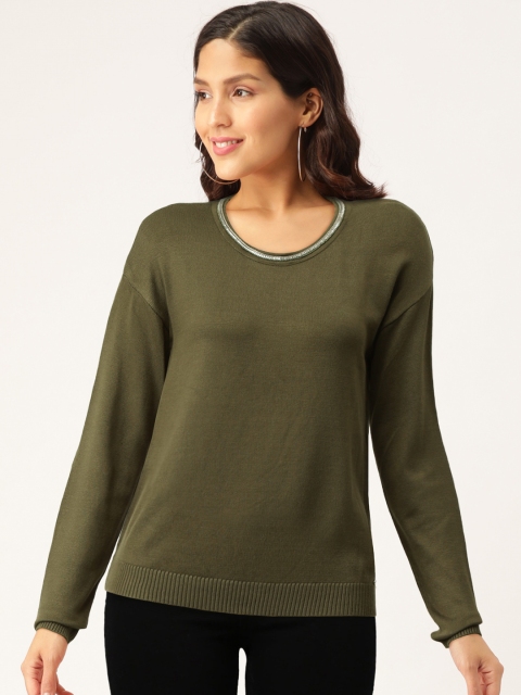 

Madame Women Olive Green Solid Styled Back Winter Top