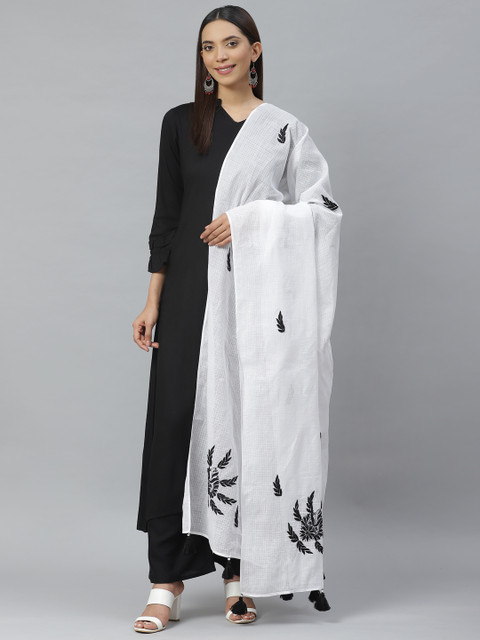 

ADA White Chikankari Hand Embroidered Sustainable Kota Dupatta