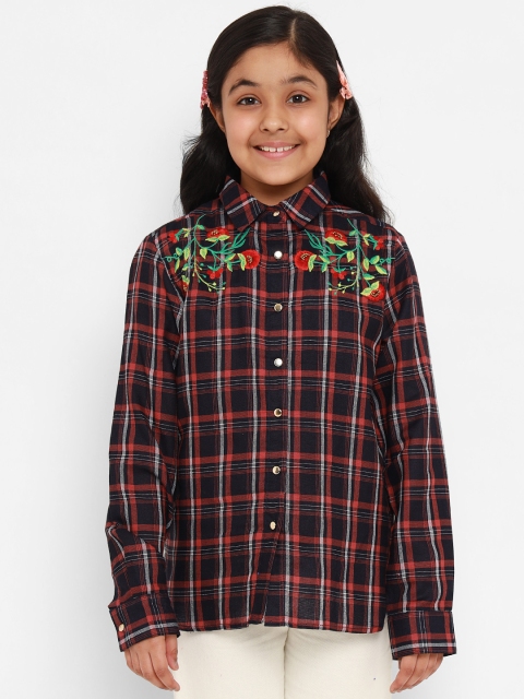 

Natilene Girls Navy Blue & Rust Red Regular Fit Checked Shirt with Embroidered Detail