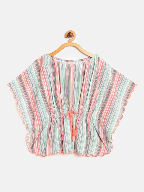 

Natilene Girls Green & Orange Candy Striped Smocked Kaftan Top