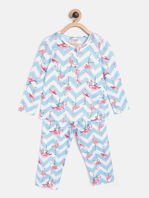 

pspeaches Girls Blue & White Chevron & Flamingo Print Night suit