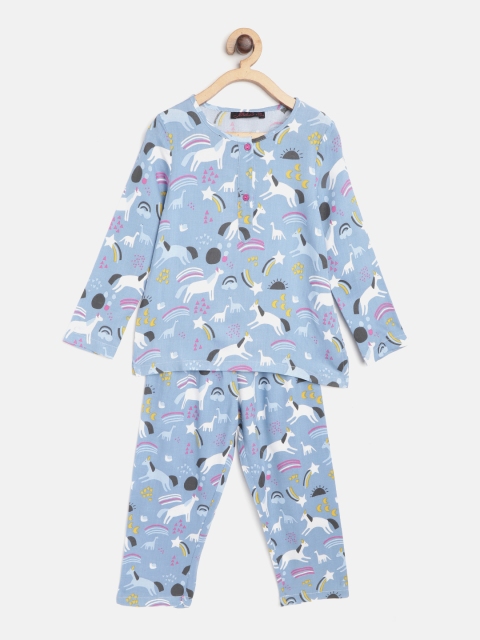 

pspeaches Girls Blue & White Unicorn & Rainbow Print Night suit