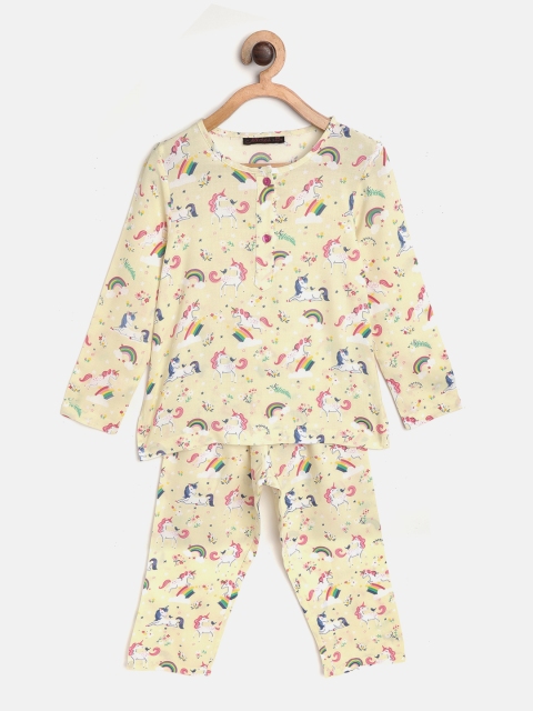 

pspeaches Girls Yellow & White Unicorn & Rainbow Print Night suit