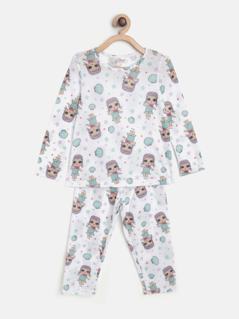 

pspeaches Girls White & Sea Green Printed Night suit